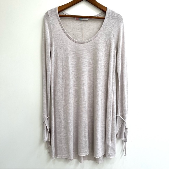 Free People Beach oatmeal tan tunic top raw edges tie wrists casual size medium - Picture 1 of 8